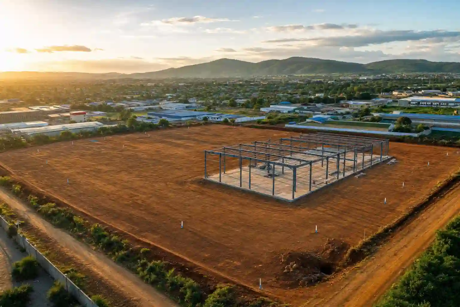 Cleared industrial land with a steel factory frame beginning to rise on the edge of a growing town