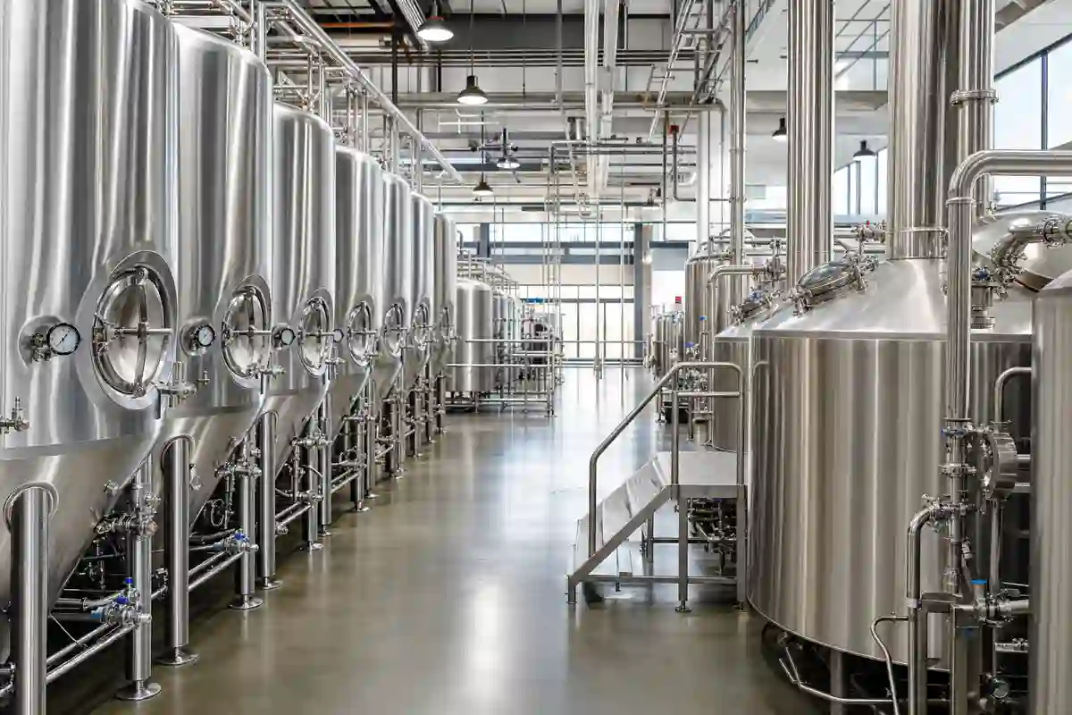 Beer making plant with stainless steel fermentation tanks
